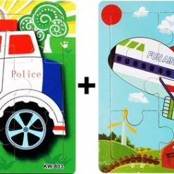 Aslan? 2 Houten Puzzels Van 9 Stukjes - Vliegtuig En Politie Auto - Voor Kinderen Van 1-4 Jaar