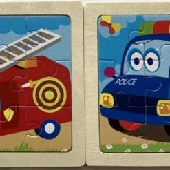 LS Goods Houten Puzzels - 2 Stuks - 9 Delig - Montessori - Politie Auto - Brandweer - 11x11 Cm