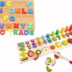 Iso Trade Montessori Educatief Houten 4-in-1 Alfabet Puzzel (Hoofdletters) + Getallen Rekenpuzzel + Vormenpuzzel + Kleuren Tellen En Stapelen Montessori Toys Leer Letters, Cijfers, Vorm + Kleuren