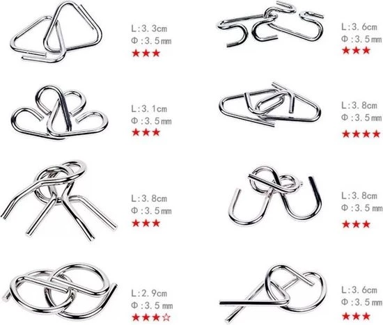 GT Commerce 8x Metalen Puzzel Breinbreker - Hersenkraker Set - Denkspel - Geduldspel - Draadspel Metaal Puzzle 3 GT Commerce 8x Metalen Puzzel Breinbreker - Hersenkraker Set - Denkspel - Geduldspel - Draadspel Metaal Puzzle - Afbeelding 3