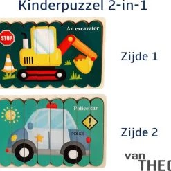 Van Theo Houten Puzzel - Dubbelzijdige Kinderpuzzels - Set 2-in-1 - Montessori Speelgoed - Set Politie Auto En Kraan