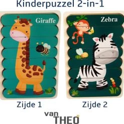 Van Theo Houten Puzzel - Dubbelzijdige Kinderpuzzels - Set 2-in-1 - Montessori Speelgoed - Set Giraf En Zebra