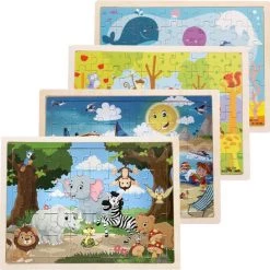 Aslan? 4 Houten Puzzels Van 40 En 60 Stukjes - Dieren - Boerderijdieren, Jungle, Waterdieren - Voordeelverpakking