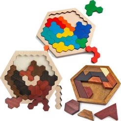 Van Theo Houten Puzzel Set - 3 Stuks Tangram Hexagon - Smartgames - Breinbreker - Vormen Puzzel - Kinderspeelgoed - Educatief Speelgoed - Vanaf 3 Jaar
